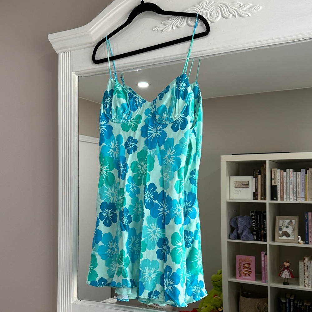 Tropical flower aqua mini dress